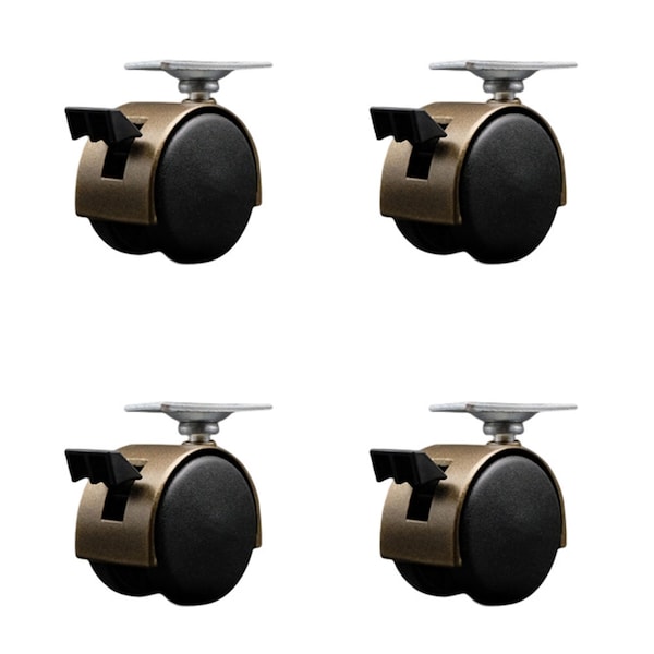 2'' Antique Metal Hood Twin Caster with Brake Nylon Wheels Top Plate , 4PK